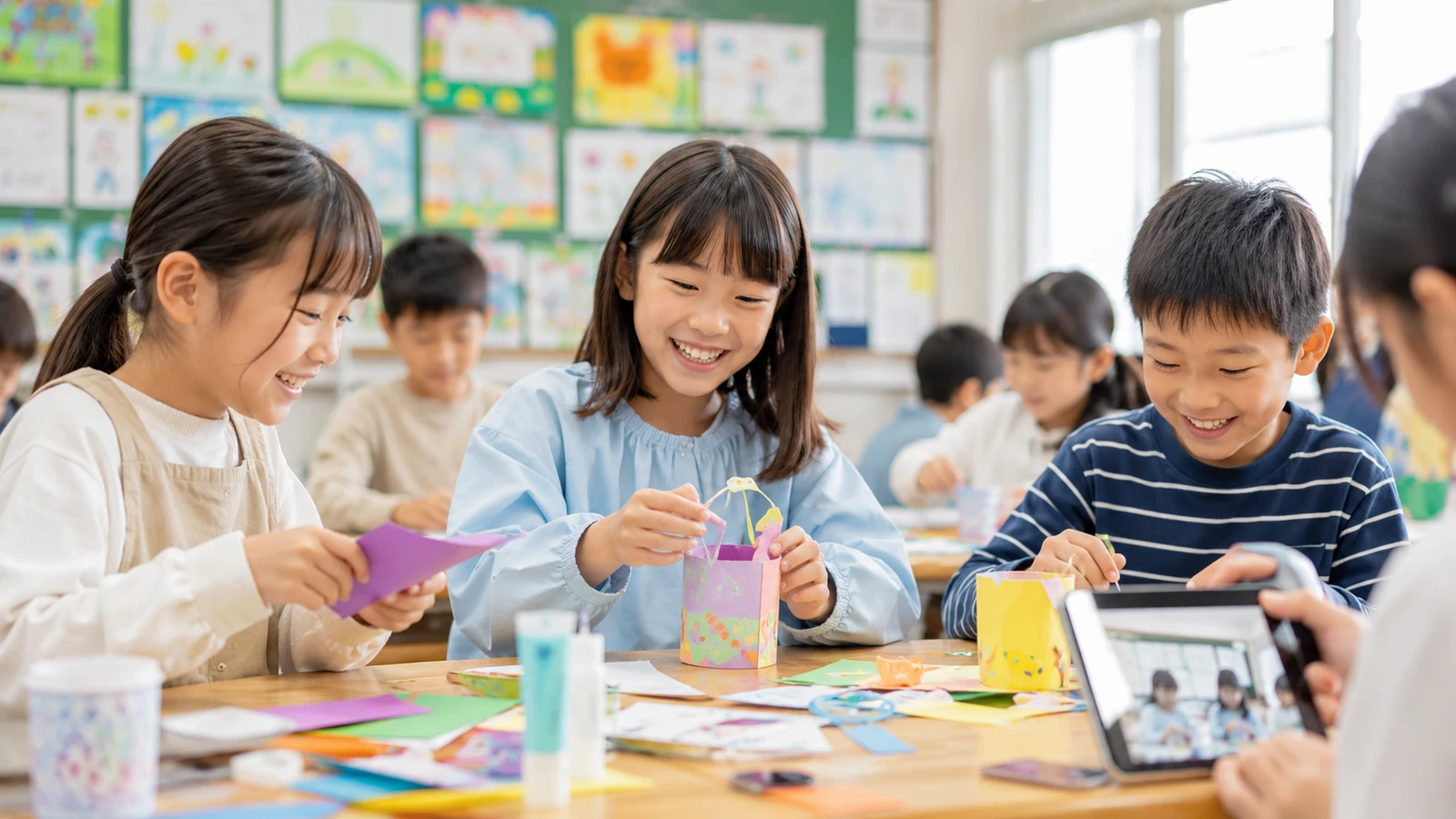 教室で作品づくりを楽しむ子どもたちのイメージ